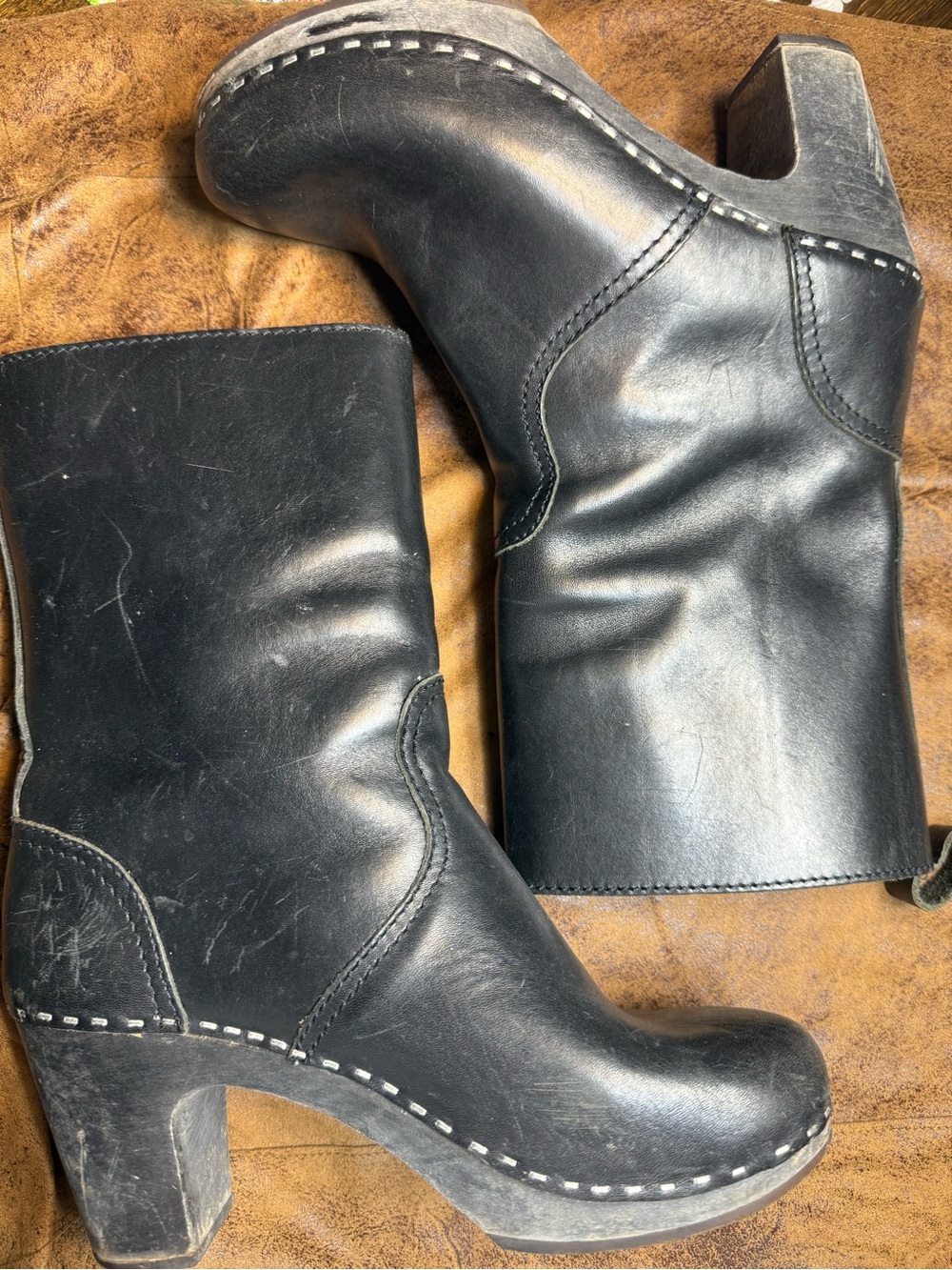 36. Swedish Hasbeens Black Leather Mid-Calf Heeled Clogs